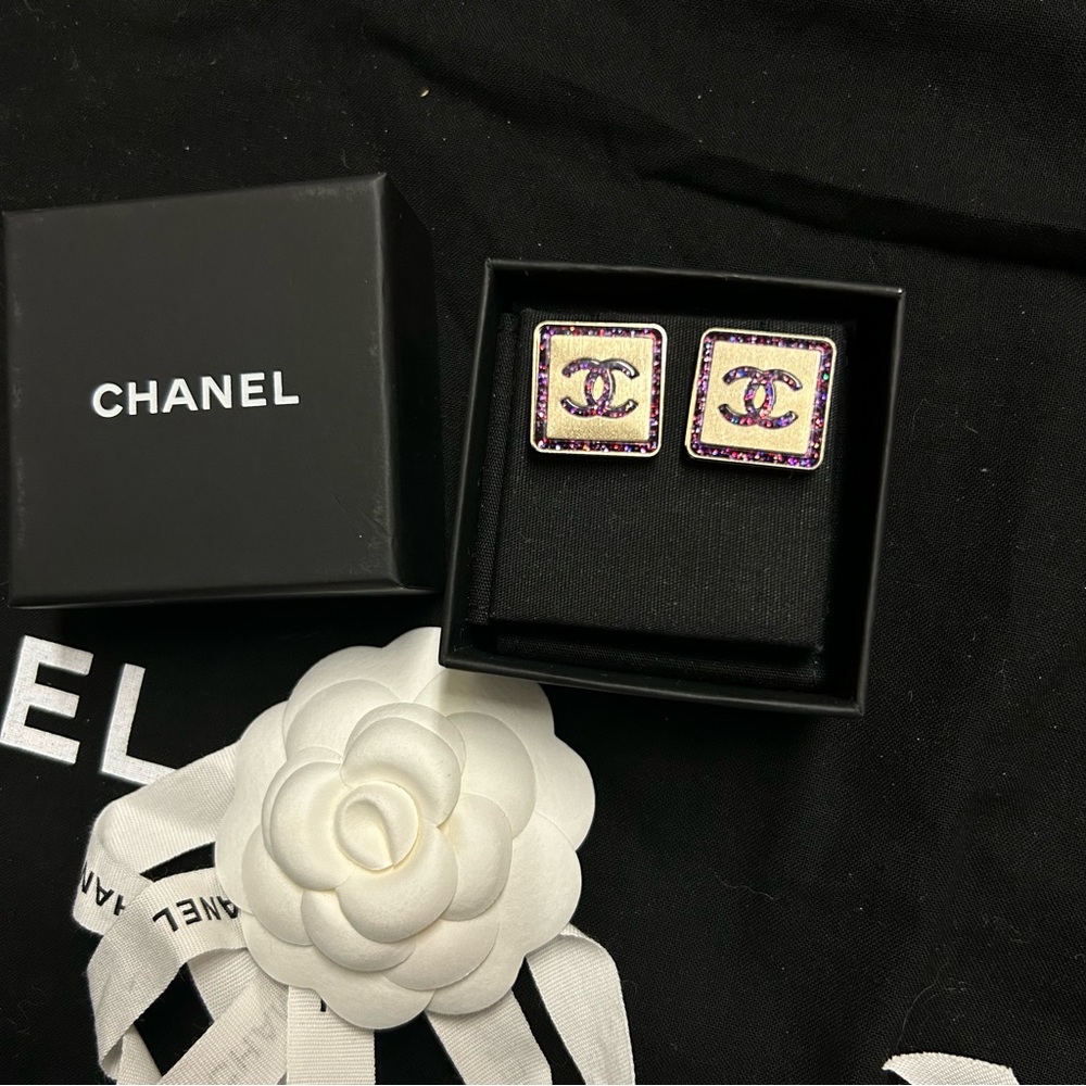 CHANEL Earrings Purple and Gold Square Earrings